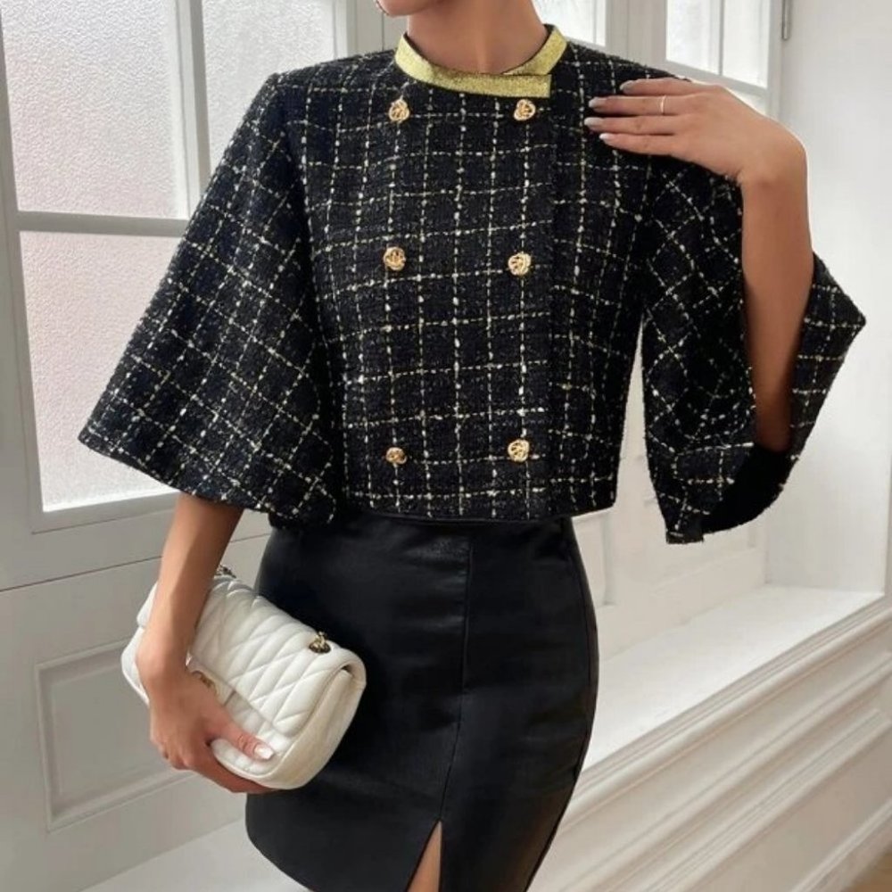 black Double Breasted Trim detailed Trumpet Sleeve Tweed Overcoat Jacket - Picture 2 of 6